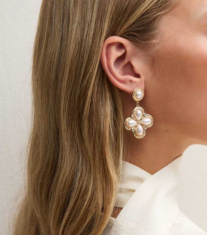 Gold-Tone Faux Pearl Flower Drop Earrings
