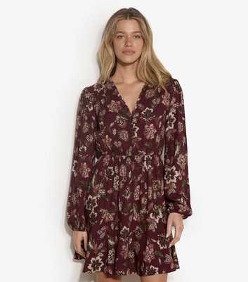 Apricot Dark Burgundy Floral Print Ruffle Neck Mini Dress