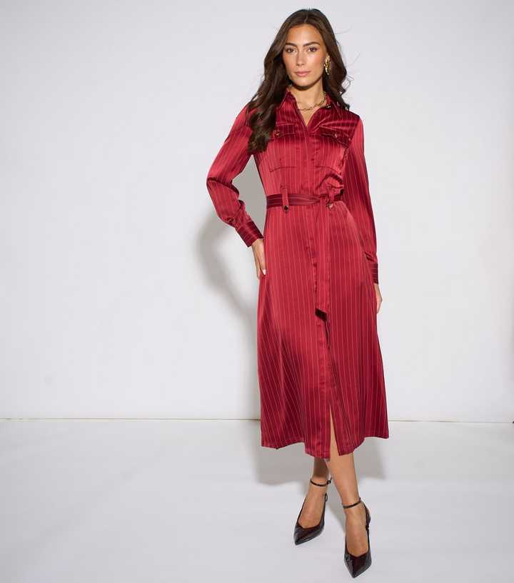 Gini London Dark Red Satin Utility Belted Shirt Dress