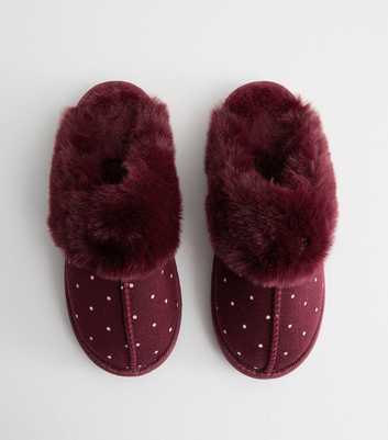 Dark Burgundy Faux Fur Polka Dot Mule Slippers