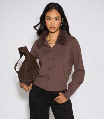 Gini London Brown Faux Fur Trim Cardigan