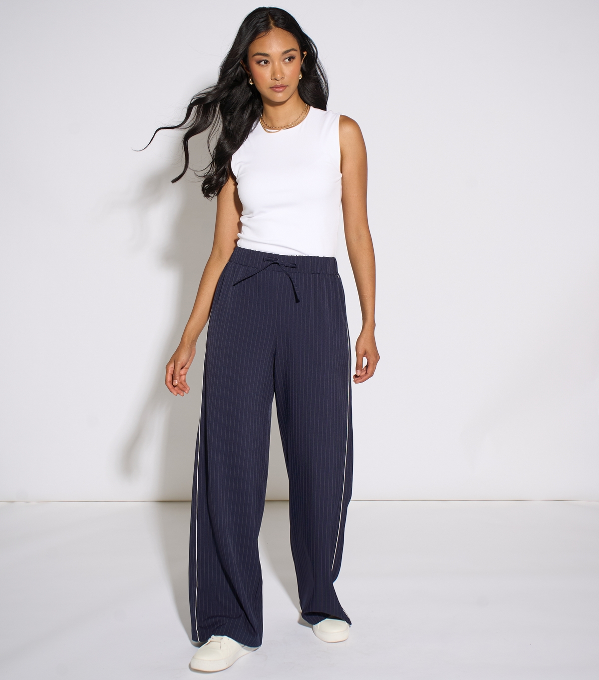Women's Navy Pinstripe Drawstring Wide Leg Trousers Gini London New Look