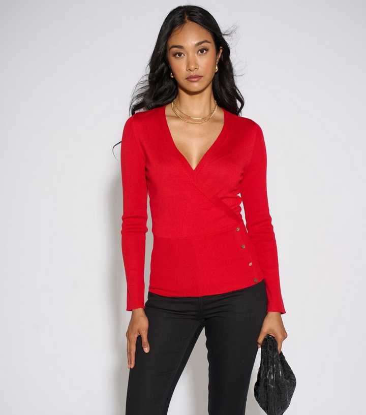 Gini London Bright Red Knitted Gold Button Top