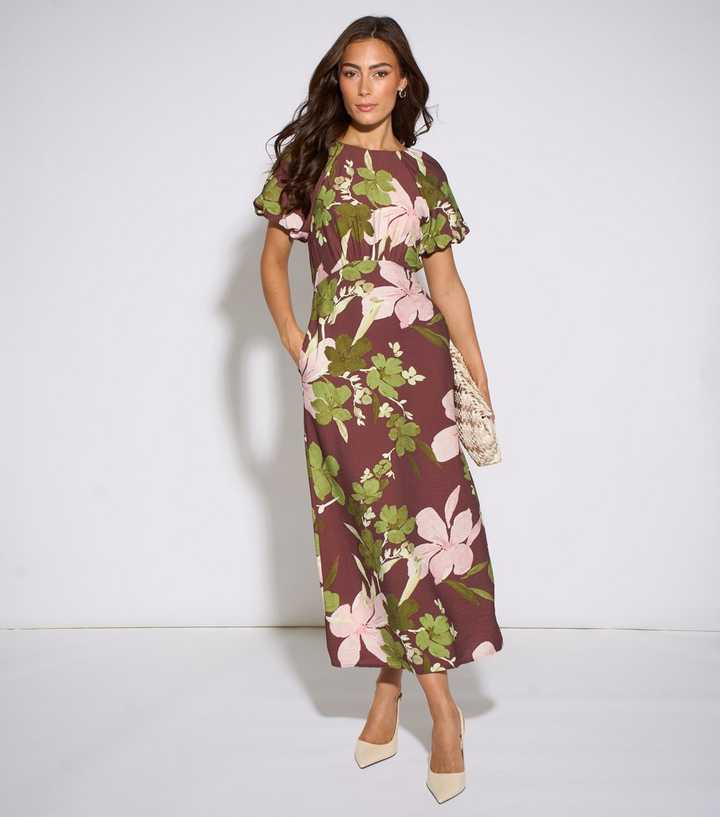 Gini London Brown Floral Print Puff Sleeve Midi Dress