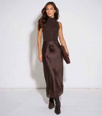 Gini London Dark Brown Satin Lace Trim Bias Midi Skirt