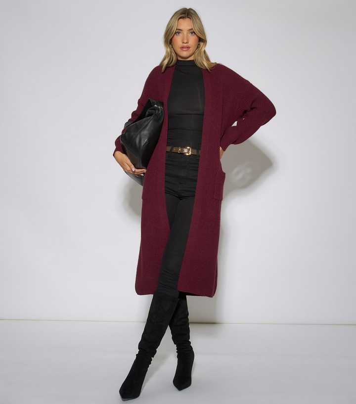 Gini London Dark Red Longline Ribbed Knit Cardigan