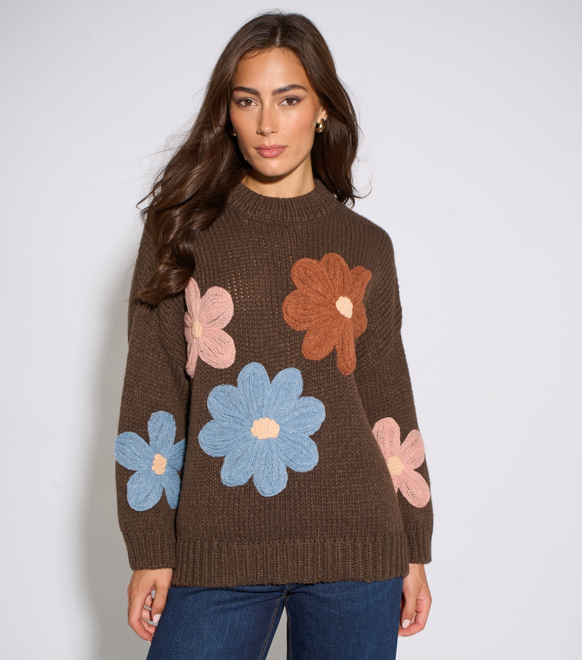 Gini London Women's Dark Brown Crochet Flowers Knitted Jumper New Look