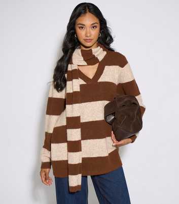 Gini London Brown Striped V-Neck Jumper and Scarf