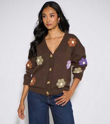 Gini London Brown Chunky Knit Floral Embroidered Cardigan