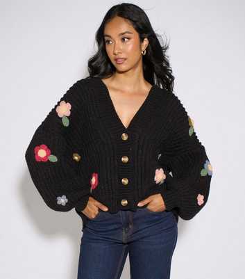 Gini London Black Chunky Knit Floral Embroidered Cardigan