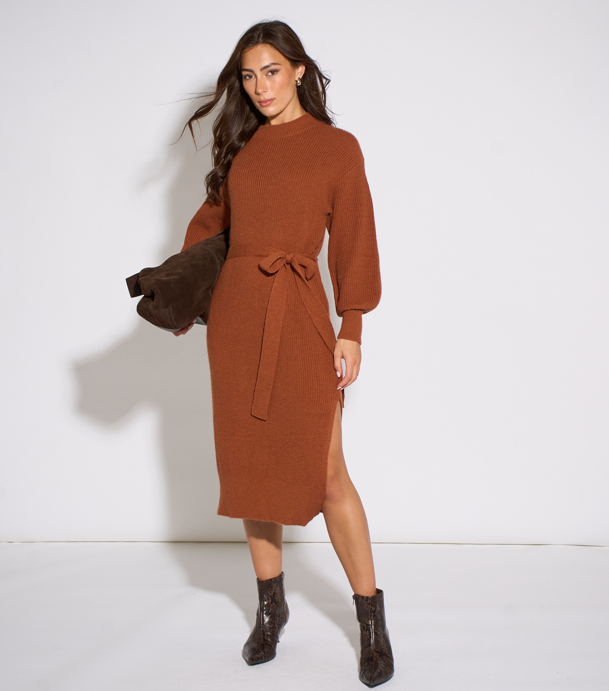Gini London Women's Tan Belted Knitted Long Sleeves Dress Medium - Image 4