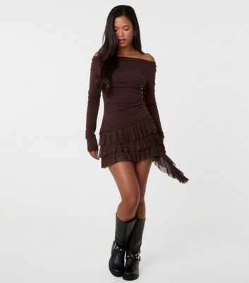 Pink Vanilla Dark Brown Diamante Ruffle Mini Skirt