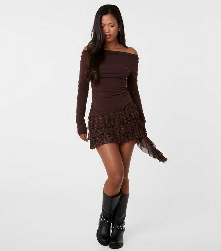 Pink Vanilla Dark Brown Diamante Ruffle Mini Skirt