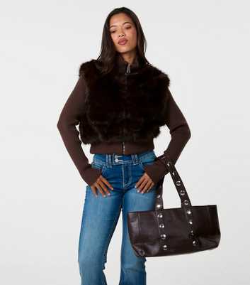 Pink Vanilla Dark Brown Faux Fur Panelled Zip Front Jacket