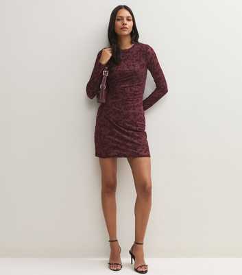 Dark Burgundy Floral Flocked Ruched Mini Dress