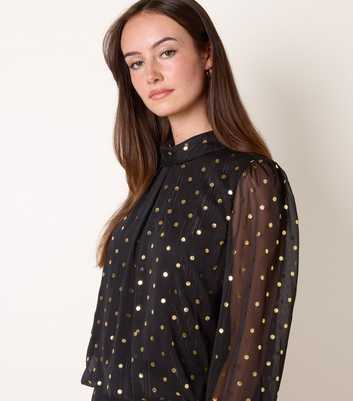 Blue Vanilla Black Chiffon Polka Dot Long Sleeve Bubble Hem Blouse