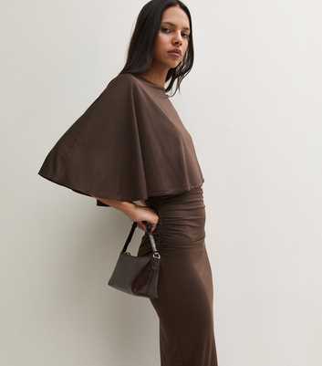 Dark Brown Jersey Cape Detail Ruched Midi Dress
