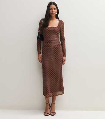 Brown Mesh Polka Dot Long Sleeve Midi Dress