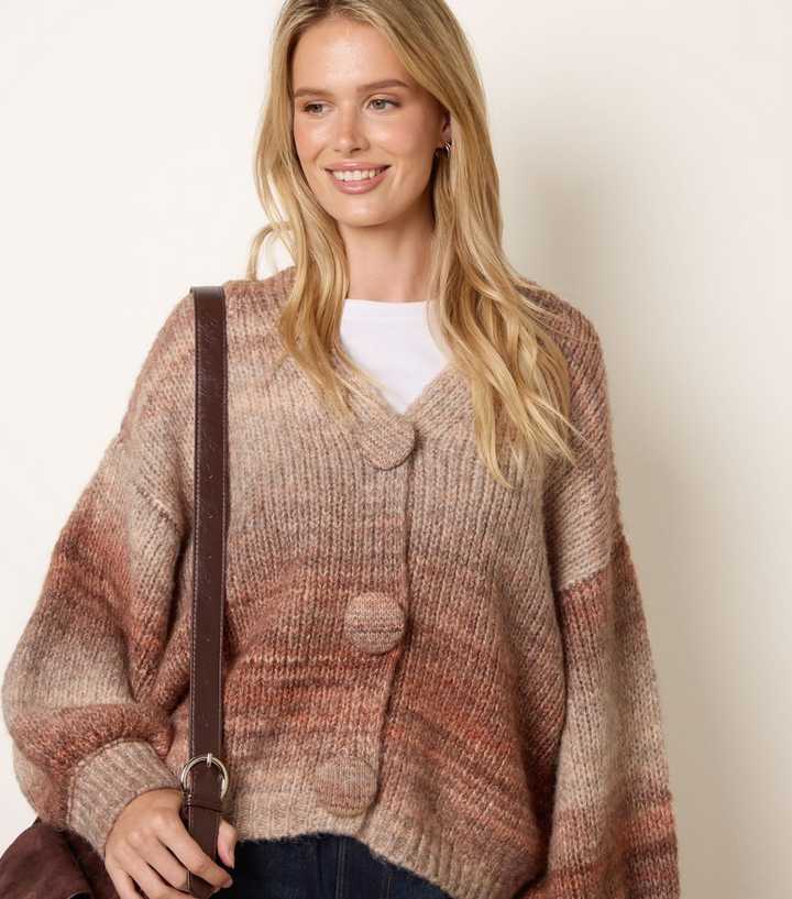 Blue Vanilla Brown Knit Ombre Pattern Cardigan
