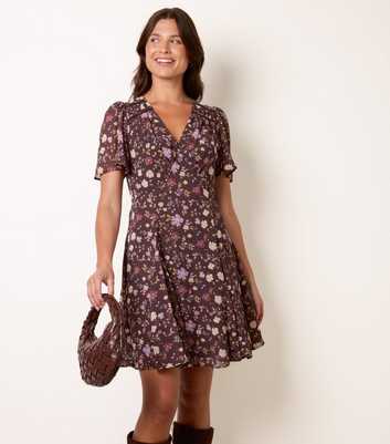 Blue Vanilla Dark Brown V-Neck Floral Print Mini Dress