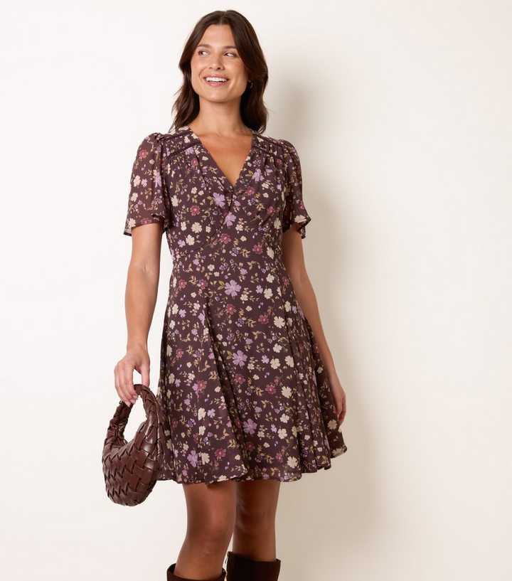 Blue Vanilla Dark Brown V-Neck Floral Print Mini Dress