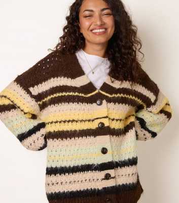 Blue Vanilla Dark Brown Striped Chunky Knit Cardigan