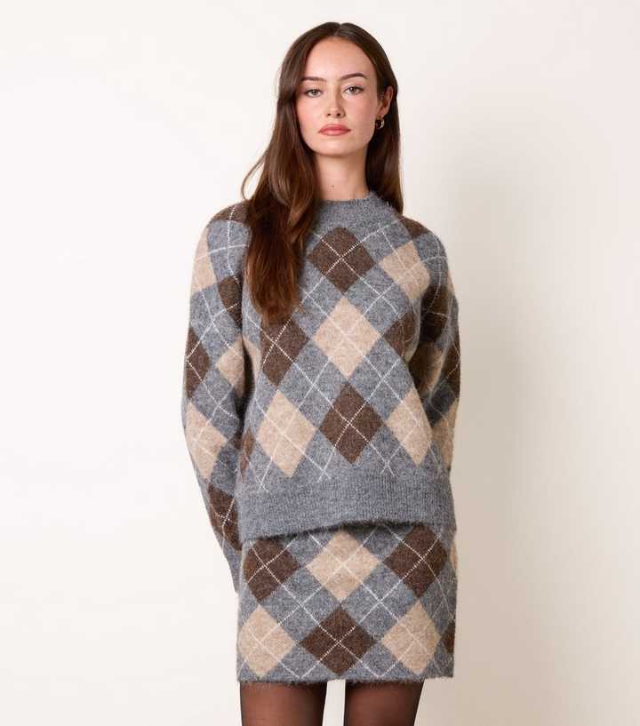 Blue Vanilla Brown Brushed Knit Argyle Pattern Co-Ord Set
