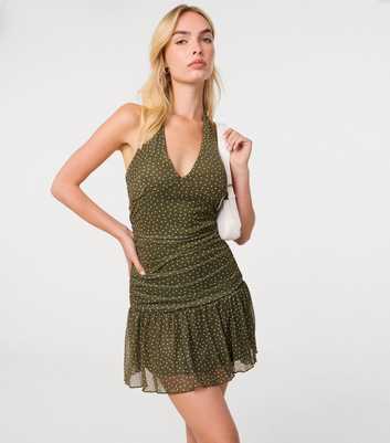 Pink Vanilla Dark Khaki Polka Dot Halter Neck Mesh Mini Dress