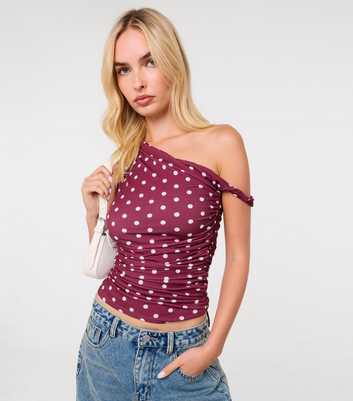 Pink Vanilla Dark Burgundy Slinky Polka Dot Off Shoulder Top
