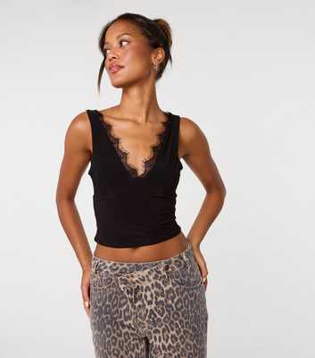 Pink Vanilla Black Lace Trim V-Neck Crop Top