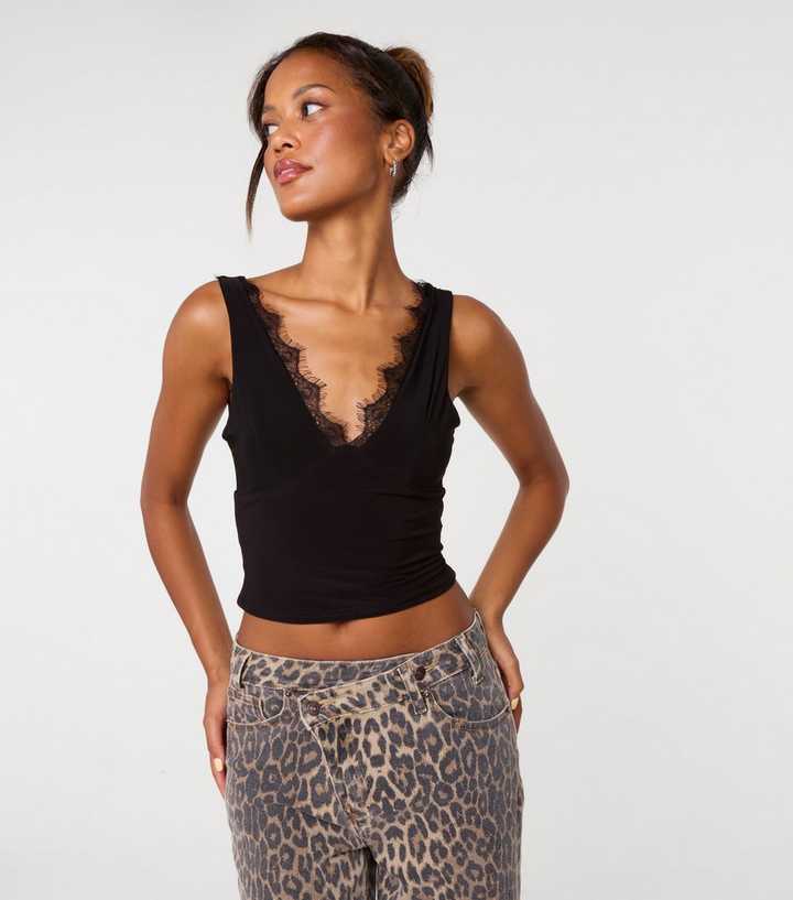 Pink Vanilla Black Lace Trim V-Neck Crop Top