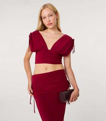 Pink Vanilla Dark Burgundy Slinky Ruched Shoulder Crop Top
