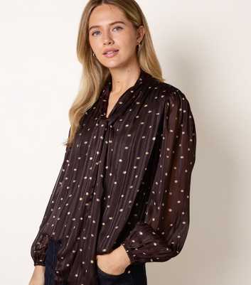 Blue Vanilla Dark Brown Polka Dot Neck Tie Bubble Hem Blouse