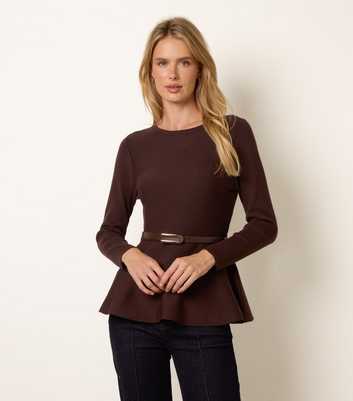 Blue Vanilla Dark Brown Peplum Belted Waist Top