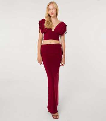 Pink Vanilla Dark Burgundy Slinky Ruched Maxi Skirt