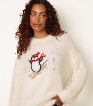Blue Vanilla Off White Penguin Ski Embroidered Christmas Jumper