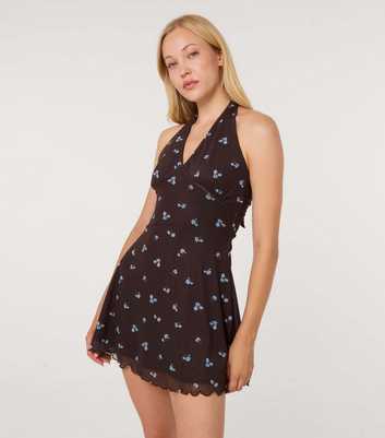 Pink Vanilla Dark Brown Floral Dot Mesh Halter Neck Dress
