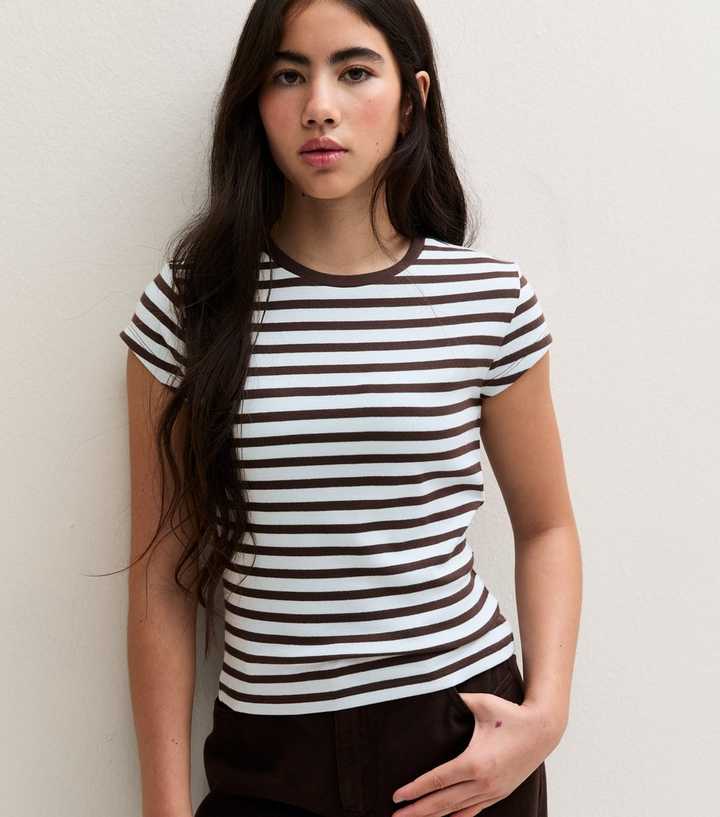 Girls Brown Cotton Rich Striped Cap Sleeve T-Shirt