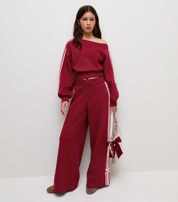 Girls Dark Burgundy Cotton Rich Side Stripe Bow Joggers