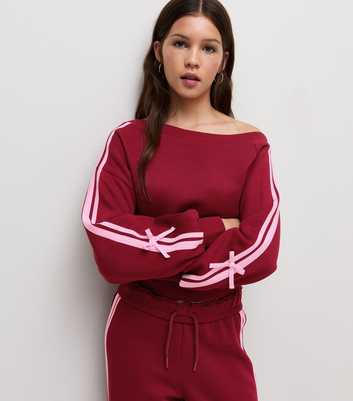 Girls Dark Burgundy Striped Off the Shoulder Sweatshirt