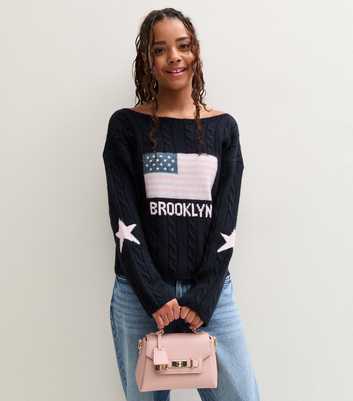Girls Navy 1995 Brooklyn American Flag Cable Knit Jumper