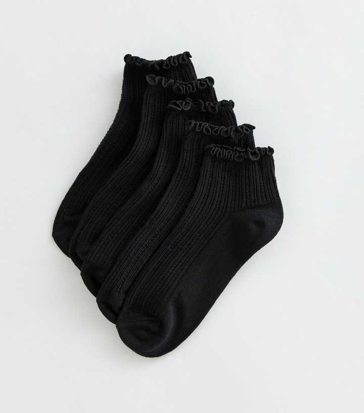 Girls Pack of 4 Black Cotton Rich Ribbed Frill Trim Socks