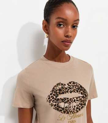 Mink Cotton Foil Leopard Print Lips Relaxed T-Shirt