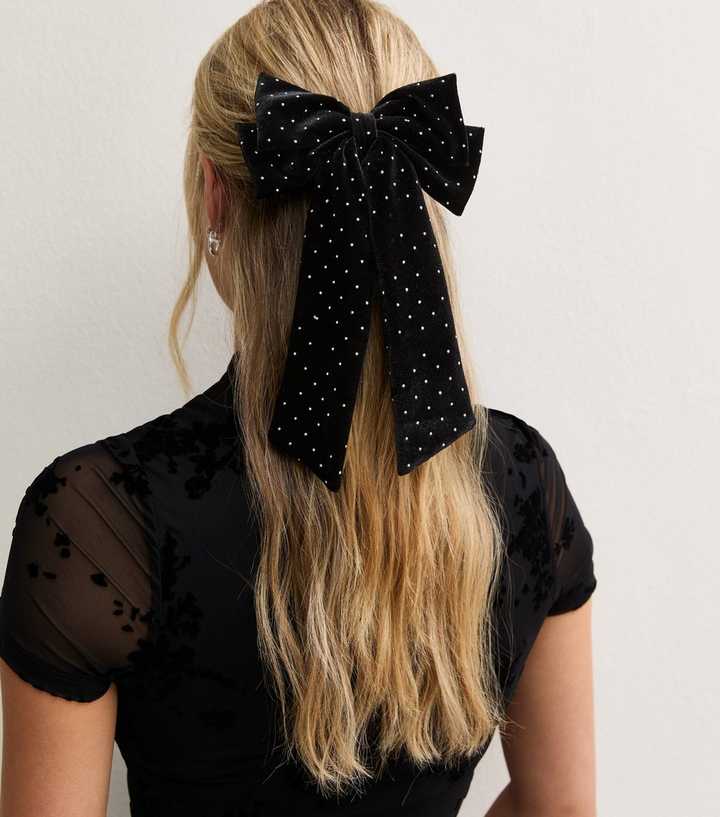 Black Velvet Diamante Bow Hair Slide Clip