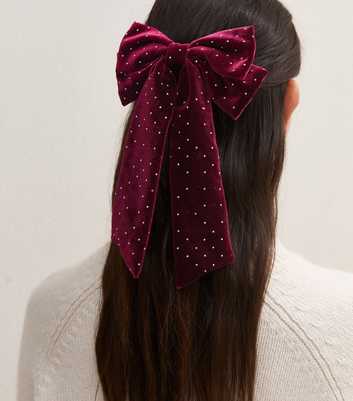 Dark Burgundy Velvet Diamante Bow Hair Slide Clip