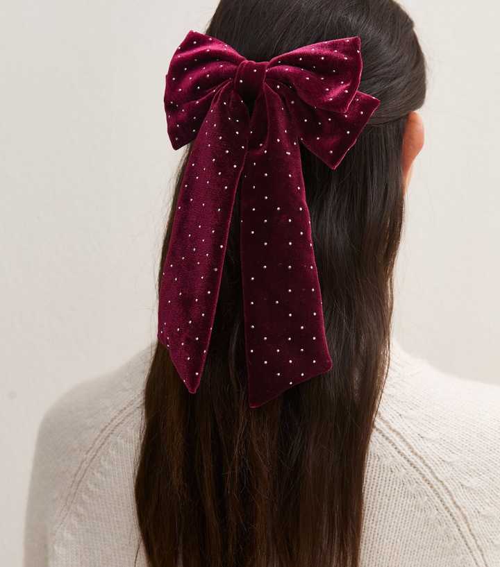 Dark Burgundy Velvet Diamante Bow Hair Slide Clip