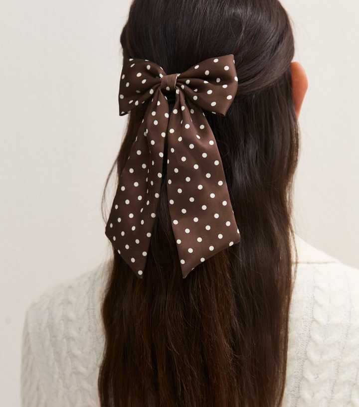 Brown Satin Polka Dot Bow Hair Slide