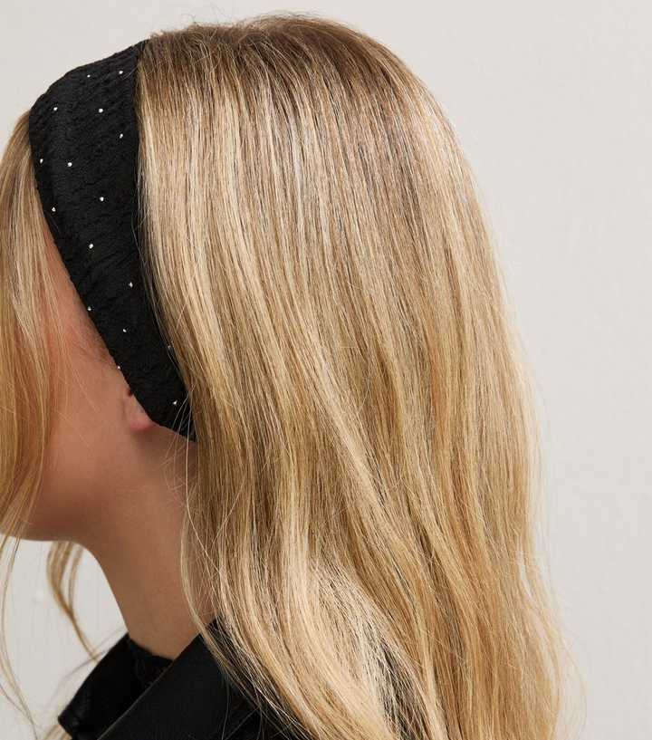 Black Ruched Effect Stretch Thick Diamante Headband