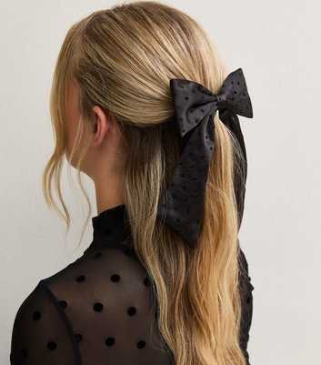 Black Satin Polka Dot Flocked Bow Hair Slide