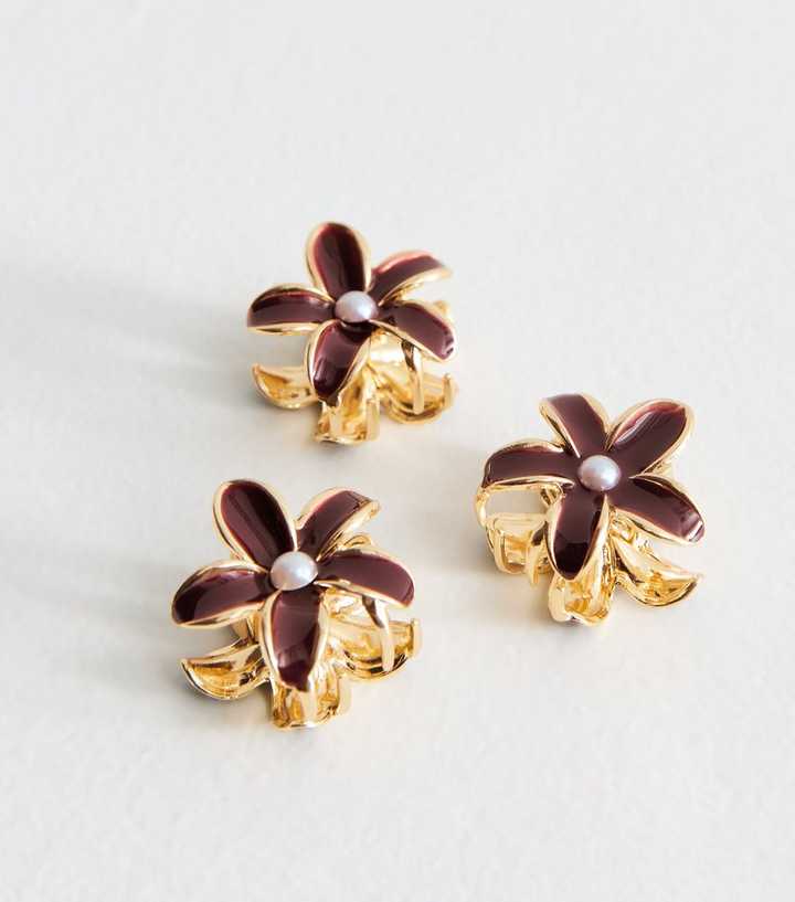 Pack of 3 Burgundy Flower Faux Pearl Enamel Mini Hair Claw Clips